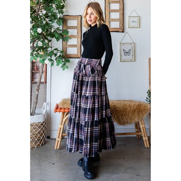 Oli & Hali Purple Mineral Washed Check Plaid Tiered Skirt - Picture 4 of 5